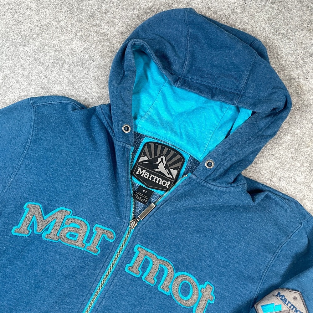 Marmot Mens Full Zip Hoodie S Graphic Logo Patch Blue Hooded Sweatshirt
